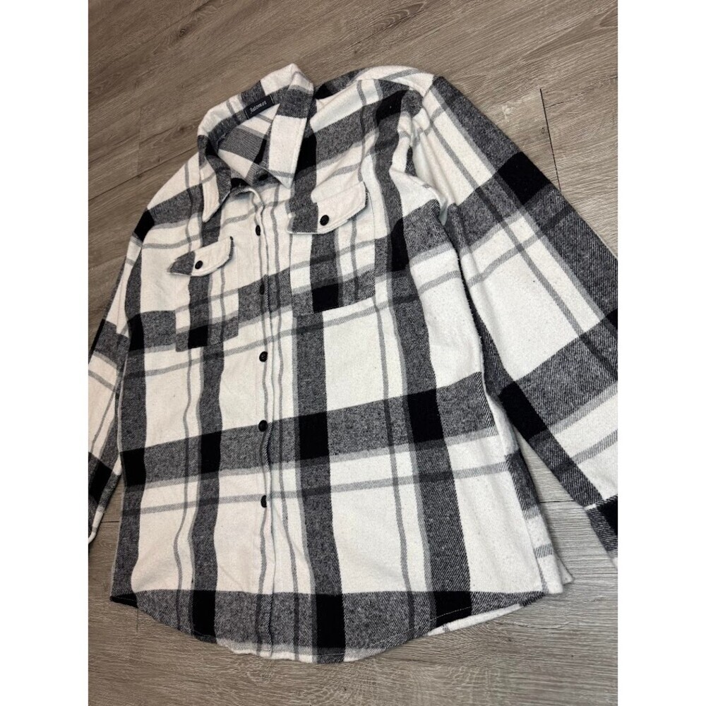 Black White Plaid Flannel Shacket Jacket Button Down Oversized XL Unisex - Picture 3 of 7